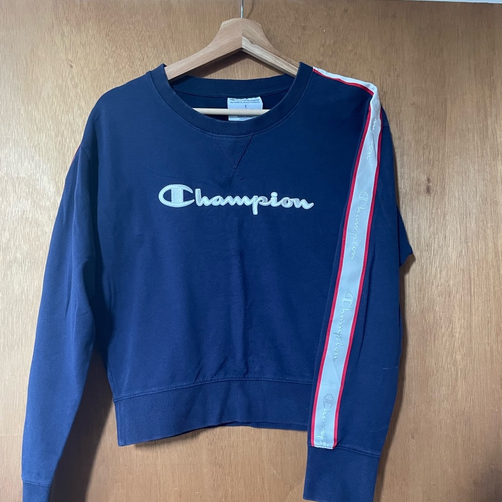 Champion Navy Sweatshirt with Logo and Stripe